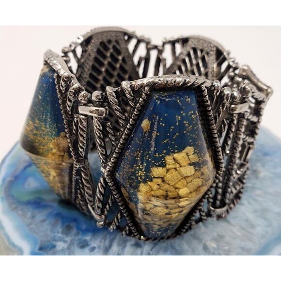 Vintage Lucite Teal & Gold Confetti Resin w/ Gold Flakes on Wide Silver Bracelet - Picture 3 of 6